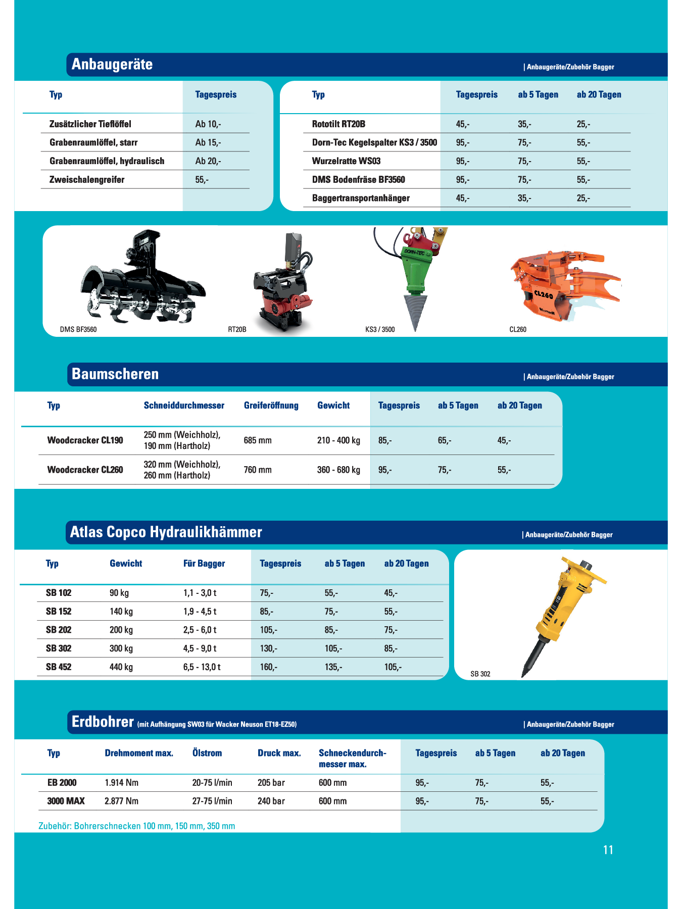 Anbaugeräte Bagger, Anbaugeräte Bagger mieten, DMS, Rototilt, Baumscheren, Hydraulikhämmer, Erdbohrer