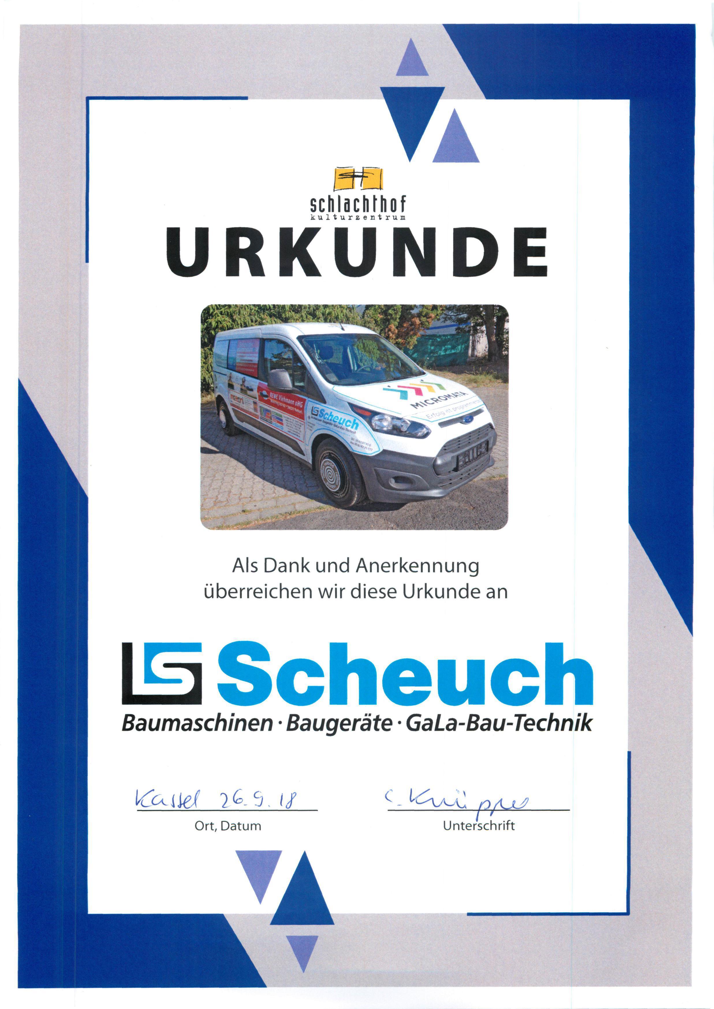 Urkunde Transporter für das Kulturzentrum Schlachthof