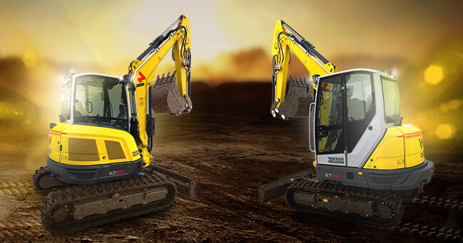 Minibagger mit innovativer Technik: Konventioneller Kettenbagger Wacker Neuson ET42 und Zero Tail Kettenbagger EZ50