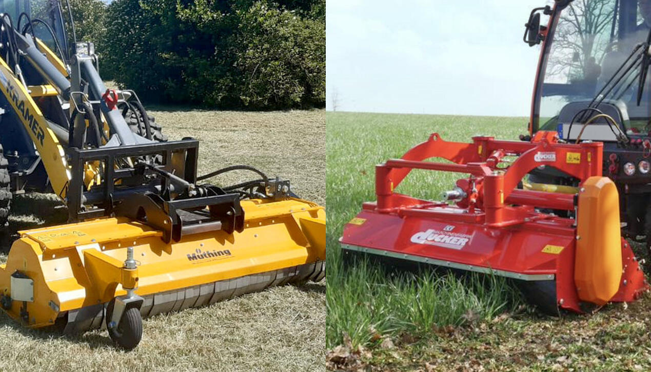 Frontmulcher Müthing MU-E Hydro 200 (links) und Schlegelmäher Dücker VMS 1400 (rechts)
