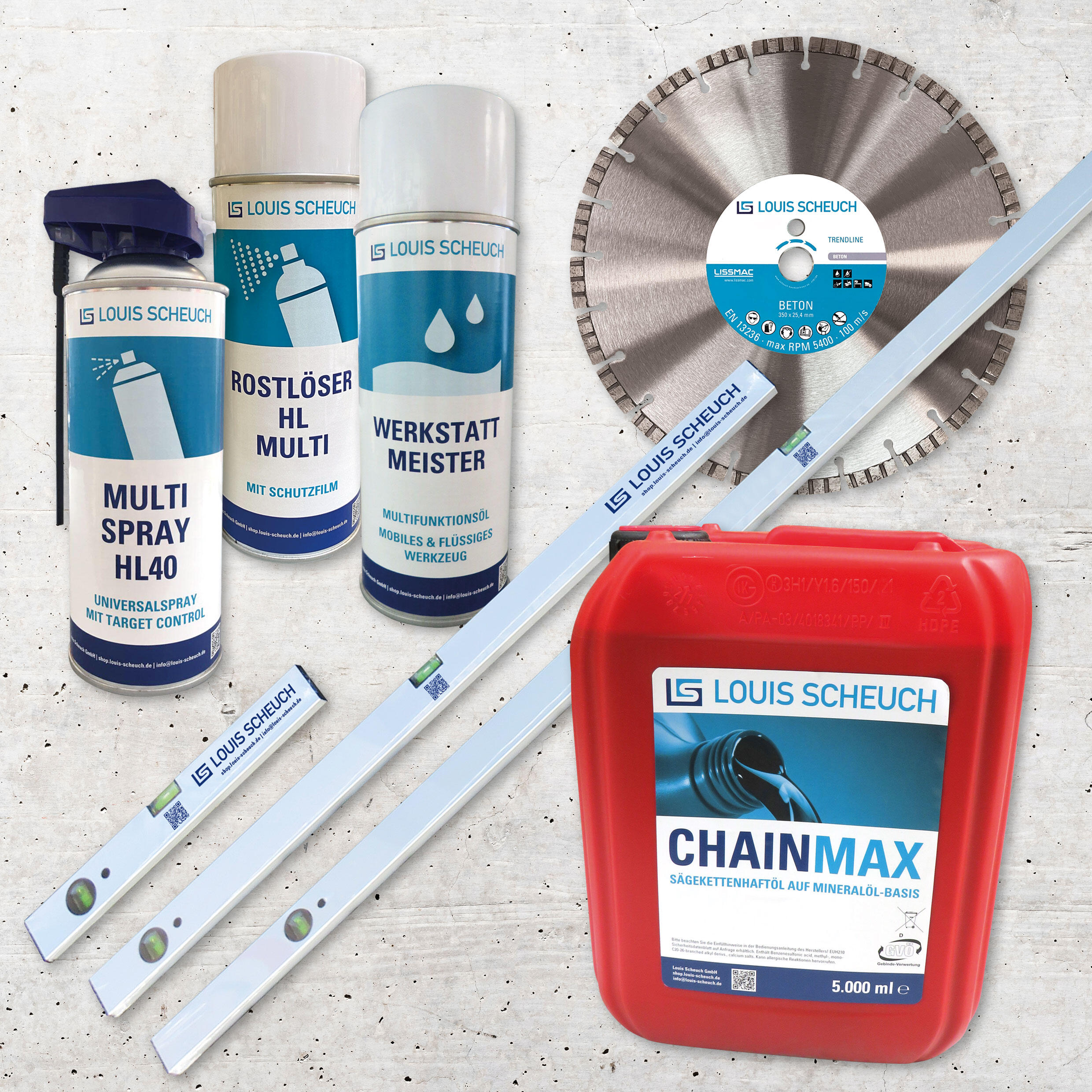 Louis Scheuch Eigenlabel Privatlabel Multi-Spray HL40, Rostlöser HL Multi, Leichtmetall-Wasserwaagen, Werkstattmeister, Sägekettenhaftöl, Diamant-Trennscheibe