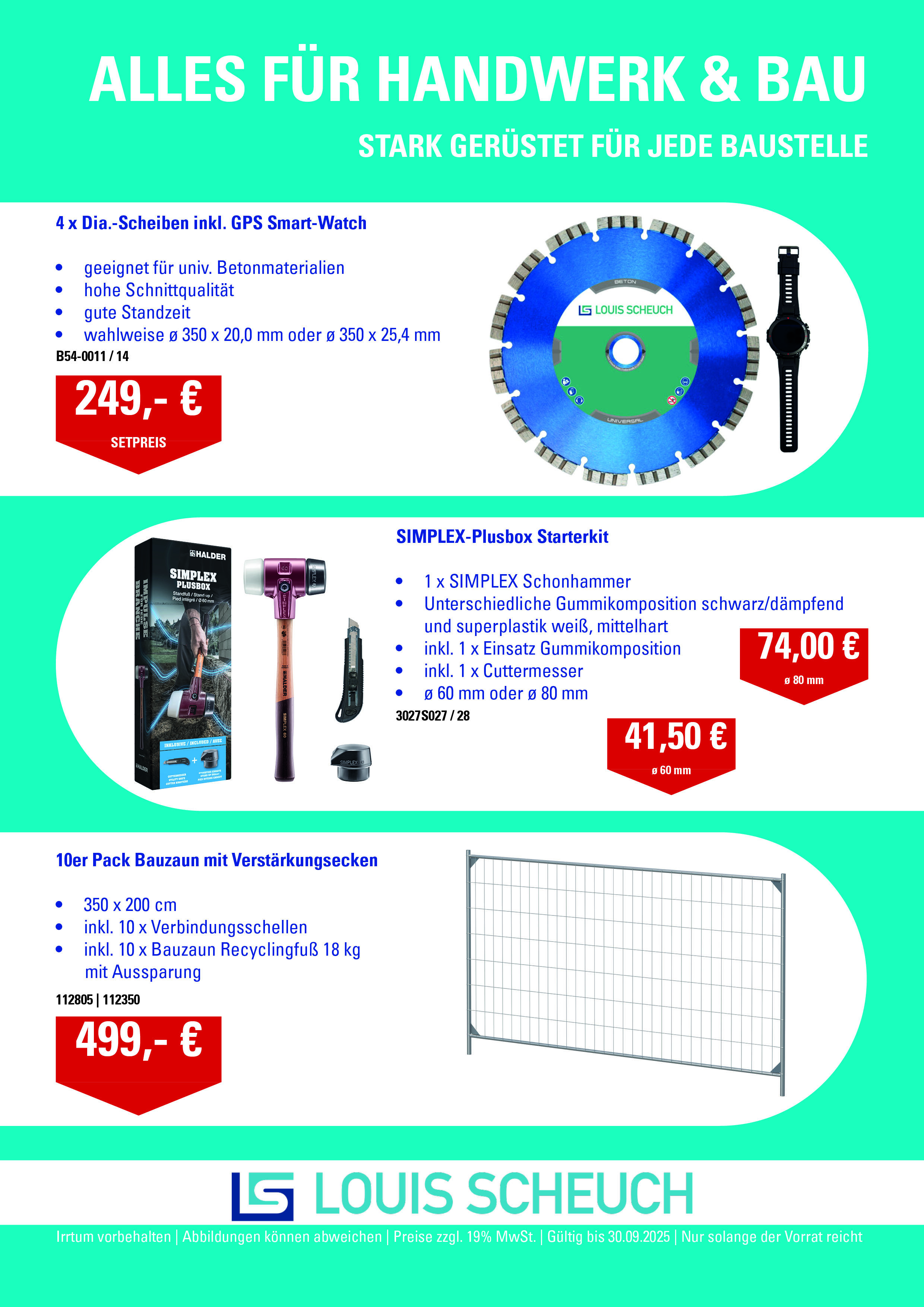 Diamantscheibe, Simplex, Halder, Simplex Hammer, Bauzaun, Klimaanlage, Schaufeln, Spatenschaufeln, Arbeitsschuhe, Sicherheitsschuhe, Handschuhe, Arbeitshandschuhe, Aktion für Baustellen